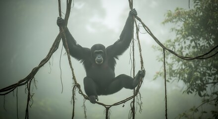 Young Gorilla Sitting on Tree Branches in Dense Jungle Environment