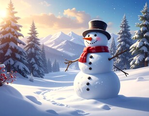 Animated snowman with top hat, red scarf, and stick arms in snow-covered landscape