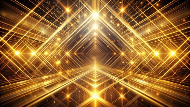 Diagonal golden light beams emanate from a darkened room creating an abstract geometric composition with intricate patterns and shapes
