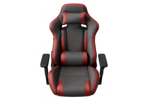 Gaming chair in black and red design offering ergonomic support for esports players and home office comfort with transparent background