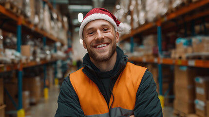 Joyful Season of Stocking: A warehouse employee is seen wearing a festive Santa hat and safety vest, radiating warmth and happiness in the warehouse.