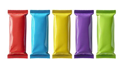 Five shiny, colorful foil-wrapped rectangular packages lined up