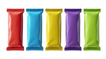 Five shiny, colorful foil-wrapped rectangular packages lined up