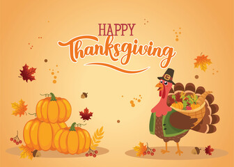 Happy Thanksgiving Day illustration featuring cute turkey bird, pumpkin, and autumn leaves. Flat cartoon hand drawn script typography template perfect for banner, poster, greeting card.