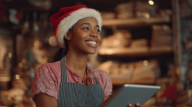 Festive Cheer: A radiant individual, adorned in a Santa hat, engages with a digital tablet amidst a festive setting, capturing the joy of the holiday season and the convenience of technology.