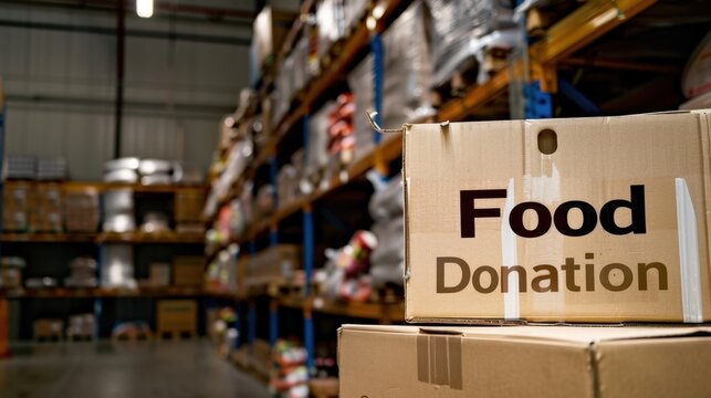 Boxes labeled food donation stacked in a warehouse with shelves of supplies in the background, representing charity and community aid.