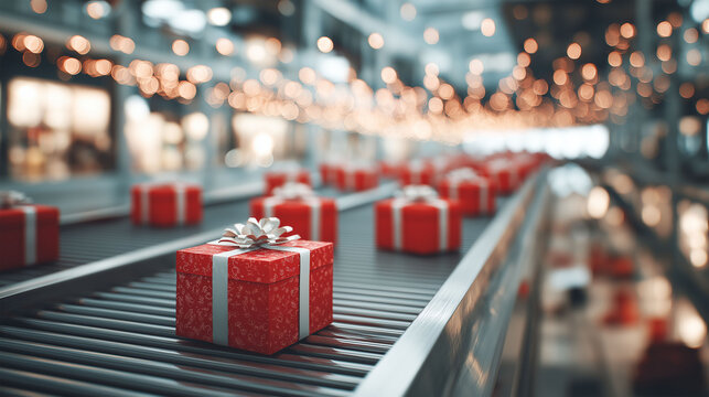 Conveyor belt of gifts: A festive array of vibrant, red gift boxes, adorned with elegant silver ribbons, glide along an industrial conveyor belt, evoking the spirit of giving and seasonal cheer.