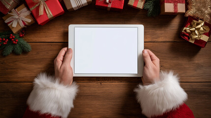 Holiday tablet display and Gift-Surround: A festive tableau unfolds with hands holding a tablet with a blank screen, nestled among a vibrant array of wrapped presents on a wooden surface.