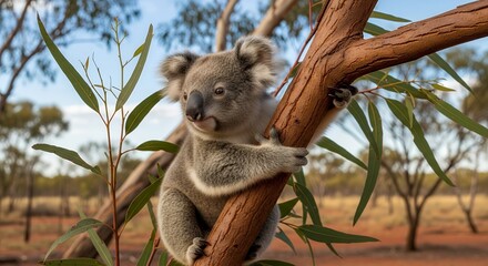 Cute Young Koala Clinging to Tree Branch in Natural Eucalyptus Forest