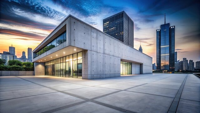 Modern concrete building at dusk with a cityscape in the background
