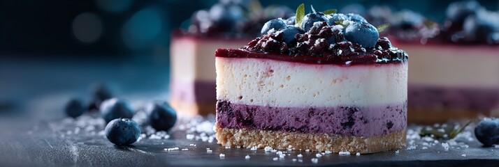 Indulge in this stunning blueberry cheesecake with layers of flavor, perfect for restaurant menus, bakery promotions, or a sweet treat campaign