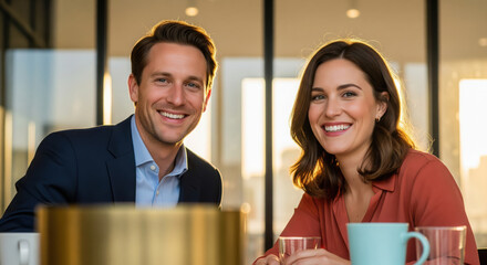 Smiling man and woman in business attire at a table happy