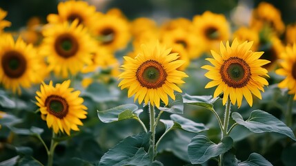 Fototapeta premium Bright yellow sunflowers blooming under warm summer sunlight