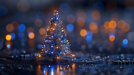 Digital Christmas Tree: A glowing Christmas tree formed from circuit board components, illuminated by festive lights and set against a blurry backdrop.