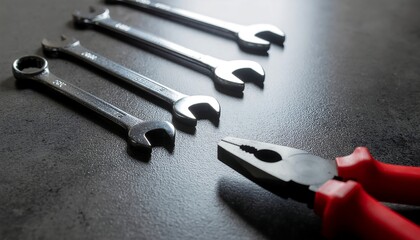Dramatic lighting on spanners, pliers, and wrench set on dark surface, perfect for mechanic tools background, industrial repair theme, and workshop concept.