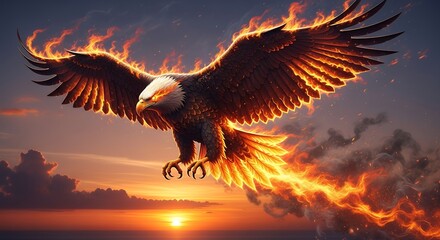 Majestic Fire-Eagle Soaring Against Sunset Sky with Fiery Wings and Dynamic Clouds