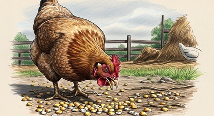 Colorful Hen Pecking at Grain in Farmyard with Hay Bale and Wooden Fence