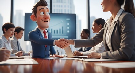 Businesspeople Handshake in Modern Office with Animated Character and Attentive Colleagues