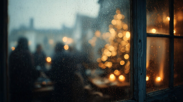 Raindrops on window with Christmas tree lights outside