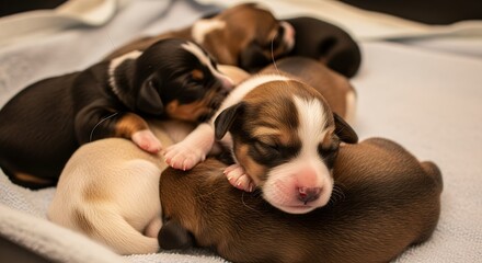 Cute Brown White Black Puppies Sleeping Resting on Soft Blanket in Cozy Indoor Setting