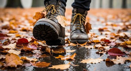 Close-up of boots stepping through fallen autumn leaves on a wet surface.