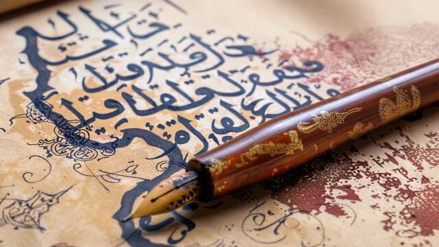 Antique calligraphy pen and ink on ornate parchment