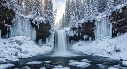 Beautiful waterfall in winter with snow and ice in the canadian rockies