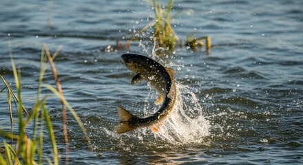 Fish jumping out of water in natural freshwater lake scene with splash and aquatic plants