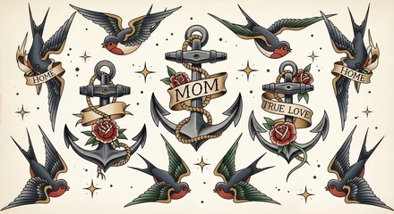 Traditional Tattoo Style Swallows Anchors Roses Mom Home True Love Wall Art