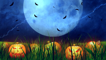 Stormy Halloween Field with Pumpkins, Bats and Moonlit Clouds