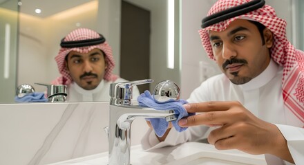 A man in traditional Middle Eastern attire cleaning a bathroom sink with a cloth and spray bottle while looking at his reflection in the mirror