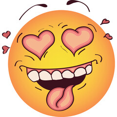 Enamored smiley face with heart eyes and tongue sticking out expressing extreme affection and playful joy isolated on a transparent background