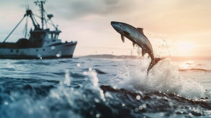 A fish leaps out of the ocean near a fishing boat during sunset. The water splashes around the fish, creating a dynamic scene of marine life.