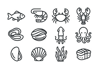 Seafood icons set: fish, shellfish, crustaceans, squid, octopus, sushi