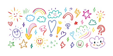 Colorful hand drawn doodle elements on white background