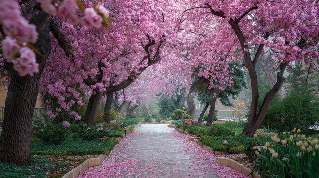 Pathway lined with cherry blossom trees in full bloom creating a canopy