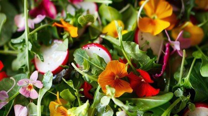 Fototapeta premium A vibrant mix of fresh salad greens, radishes, and edible flowers. The colorful arrangement showcases a variety of textures and colors, perfect for healthy dishes.