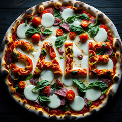 Gourmet Pizza Featuring Sale Inscription with Mozzarella Basil and Tomatoes