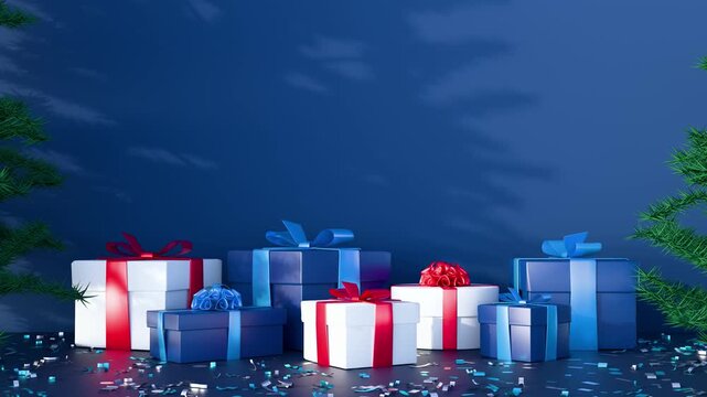 Christmas 3d gifts animation. 3D New Year's gifts in white and blue motion on a blue background. Christmas morning with the shadow of a fir tree. Copy space, place for text.