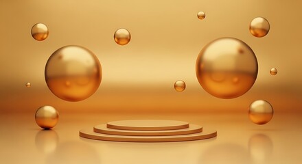 A luxurious golden stage with tiered platforms surrounded by floating golden spheres of various sizes against a shimmering gold background, symbolizing success and achievement