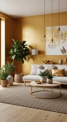 Warm golden living room interior with natural light and elegant decor elements