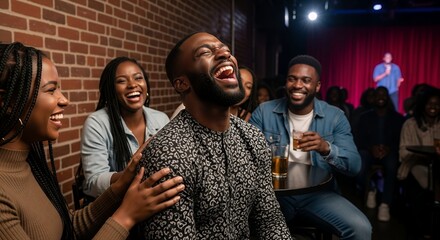 Happy Diverse Group of People Laughing and Enjoying Comedy Show in Cozy Indoor Venue