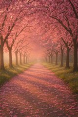 Naklejka premium Pathway Covered with Pink Sakura Petals at Dawn.
