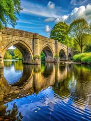 Fototapeta premium Serene waters flowing under ancient stone arches of Froggatt Bridge over Derwent River in Derbyshire