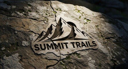 Wooden Mountain Logo with Summit Trails Text on Rocky Surface for Outdoor Adventure or Hiking Branding