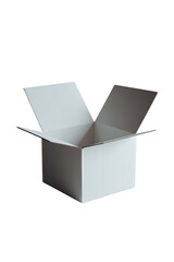 Open, empty, white cardboard box against black background