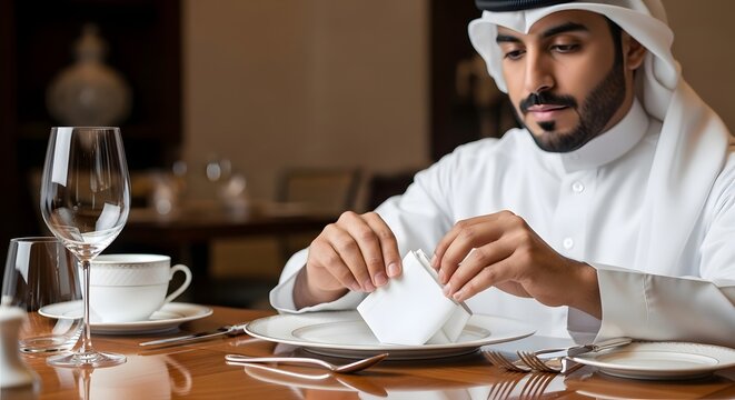A man dressed in traditional Middle Eastern attire setting a formal dining table with elegant tableware in a sophisticated restaurant environment