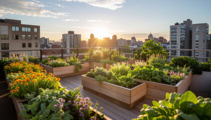 Fototapeta premium Sunset View of a Rooftop Urban Garden in a Cityscape