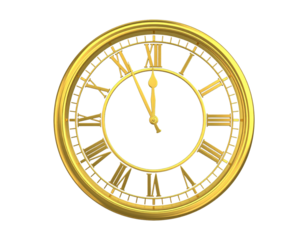 A 3D analog clock, hands at midnight, gold, isolated on transparent background, PNG