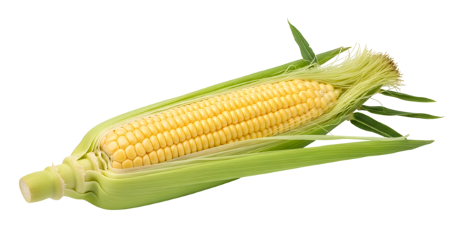 Fresh ear of corn with green husk and yellow kernels, isolated on transparent background